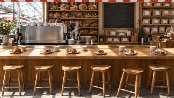 The bakery counter at noon, every place set